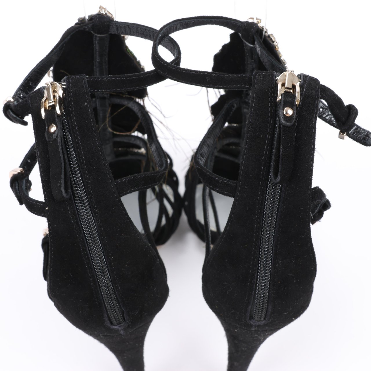 Sergio Rossi Sergio Rossi Black Suede Crystal And Peacock Embellished Platform Sandal Heels in Size 38 EU Zwart