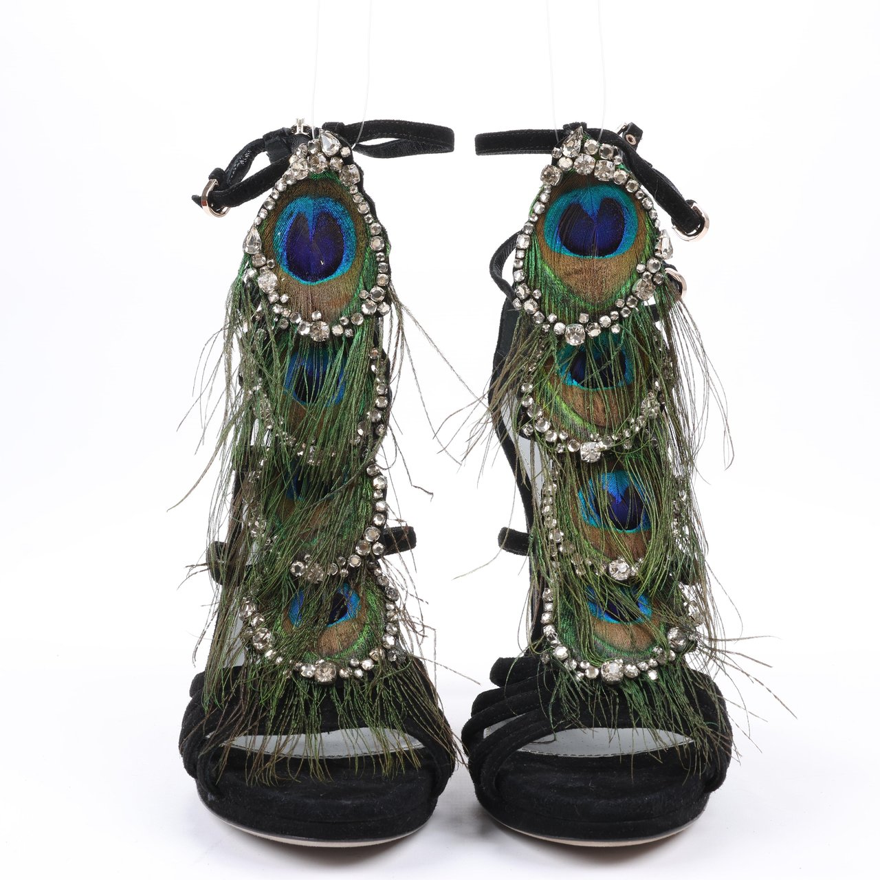 Sergio Rossi Sergio Rossi Black Suede Crystal And Peacock Embellished Platform Sandal Heels in Size 38 EU Zwart