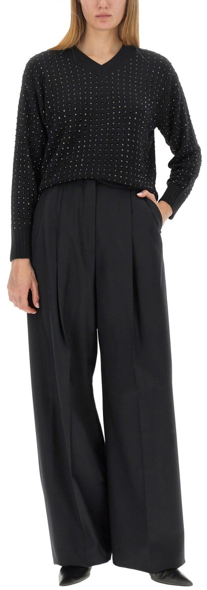 Sportmax Textured V-Neck Oversized Knit Sweater Zwart