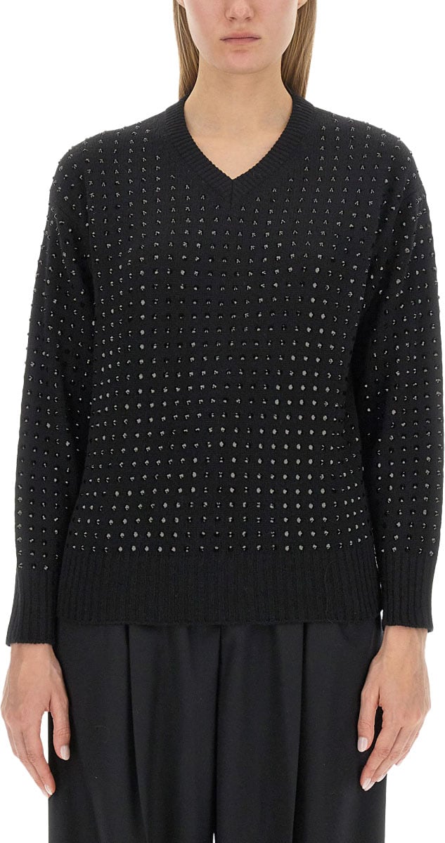 Sportmax Textured V-Neck Oversized Knit Sweater Zwart