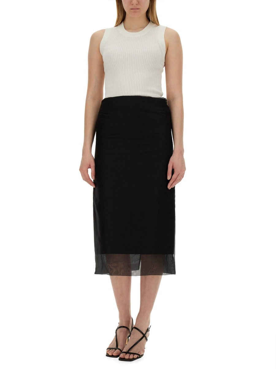 Sportmax Silk Midi Skirt With Sheer Hem And Concealed Zipper Zwart