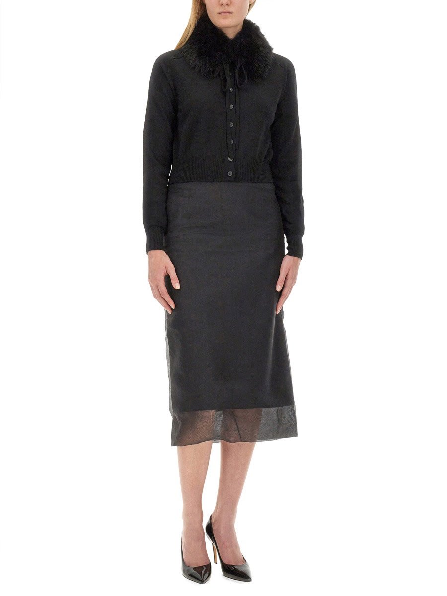 Sportmax Cropped Black Cardigan With Plush Fur Collar Zwart
