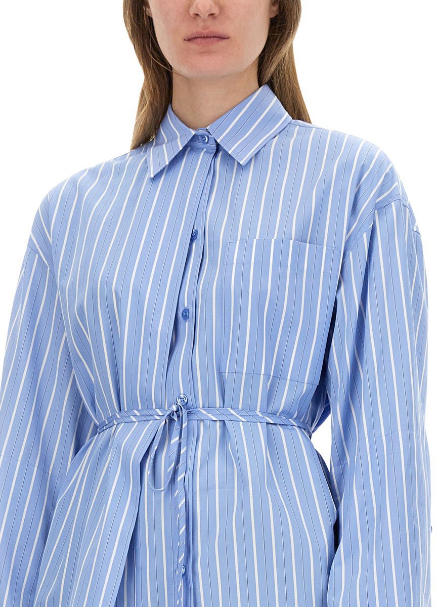 Sportmax Oversized Striped Cotton Shirt With Adjustable Waist Blauw