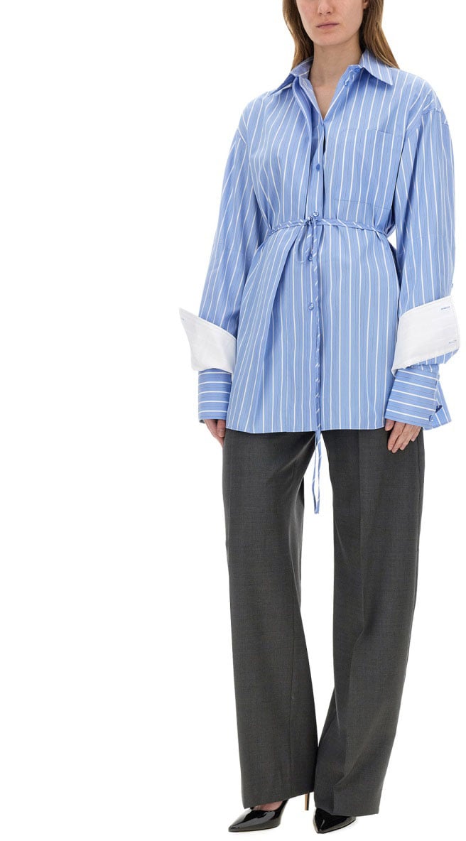 Sportmax Oversized Striped Cotton Shirt With Adjustable Waist Blauw