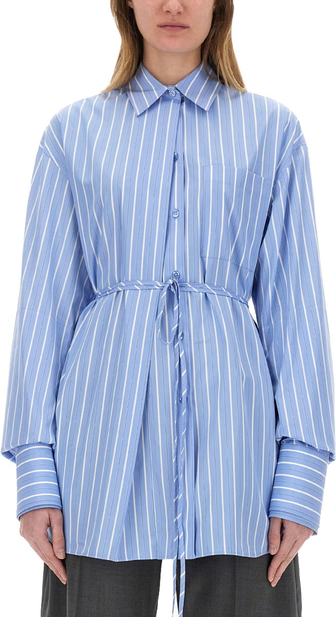 Sportmax Oversized Striped Cotton Shirt With Adjustable Waist Blauw