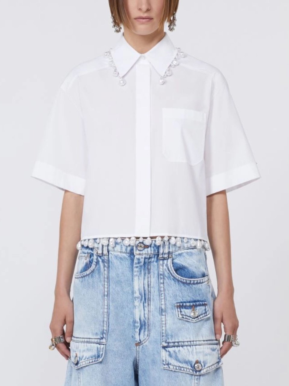 Sportmax White Pearl Embellished Poplin Shirt Wit