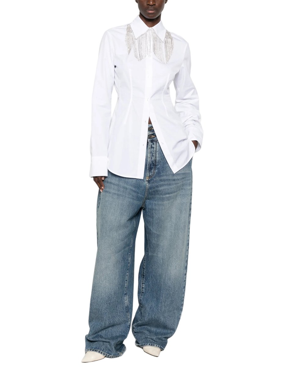 Sportmax Tailored White Shirt With Silver-Tone Chain Fringe Detail Wit