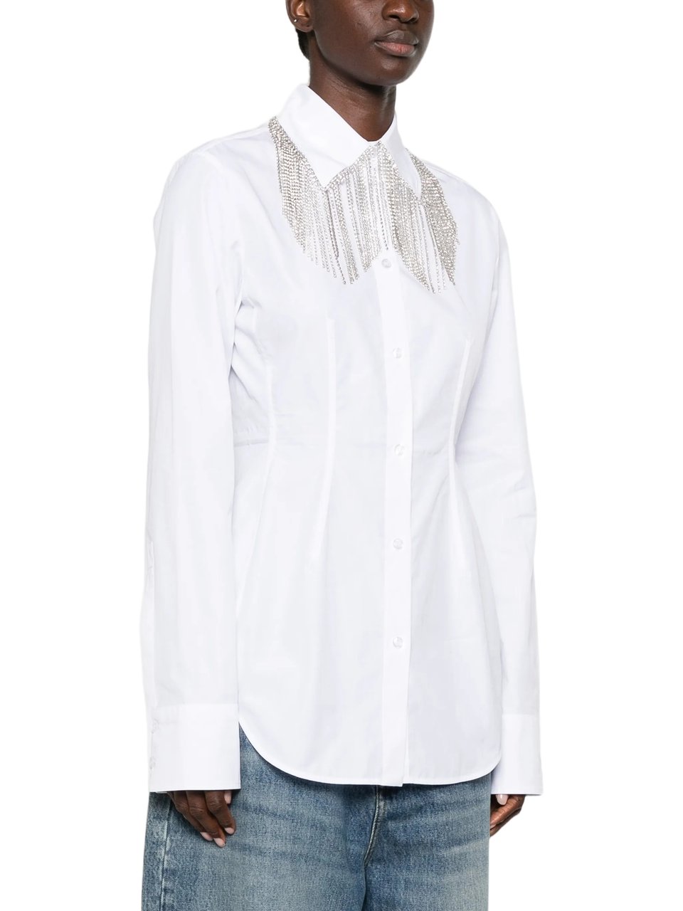 Sportmax Tailored White Shirt With Silver-Tone Chain Fringe Detail Wit
