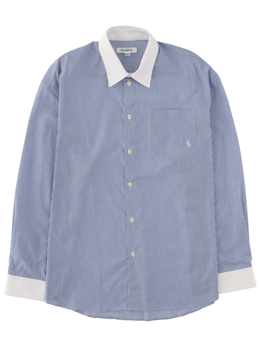 Sporty & Rich Blue Logo Striped Cotton Shirt Blauw