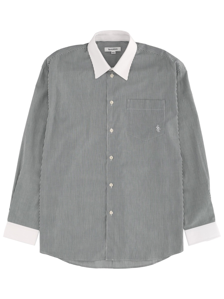 Sporty & Rich Logo Striped Cotton Oversized Shirt Grijs