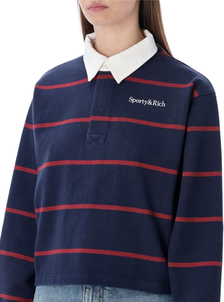 Sporty & Rich Sporty & Rich navy and merlot cotton Serif logo Rugby polo Blauw