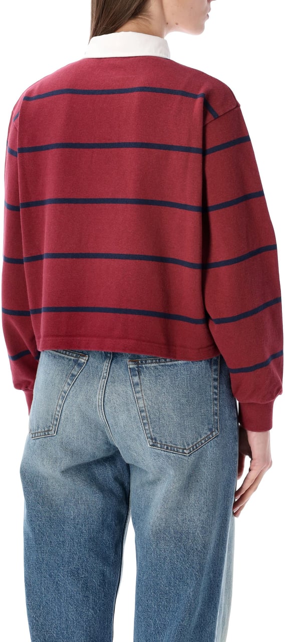 Sporty & Rich Serif Logo Rugby Polo Merlot Navy Stripe Navy