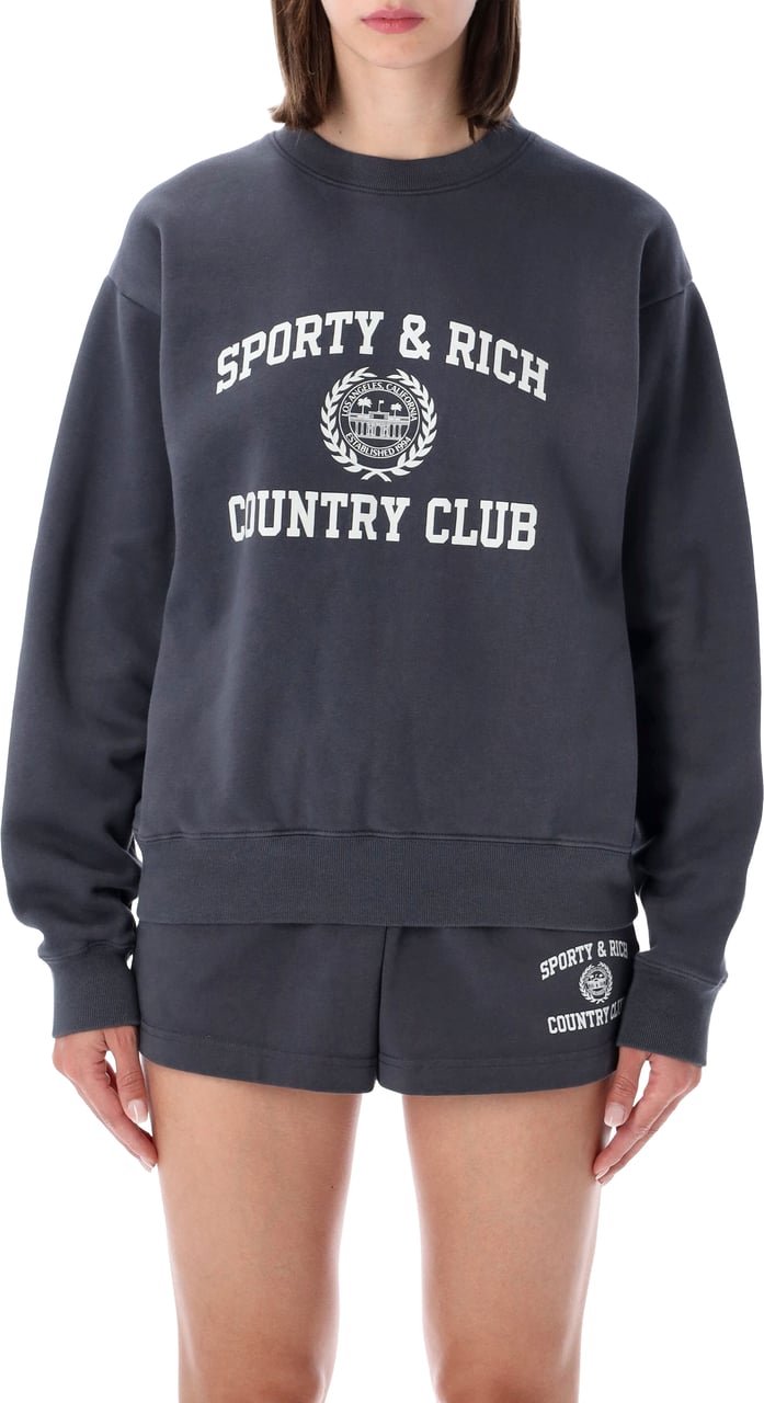 Sporty & Rich Varsity Crew Neck Carbon Choco Donkergrijs