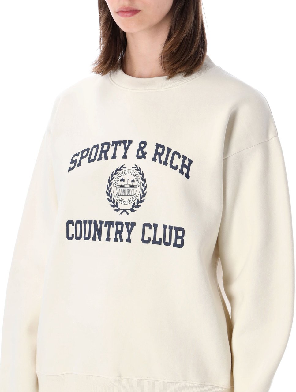 Sporty & Rich Country Club Varsity Crewneck Ecru Navy Wit