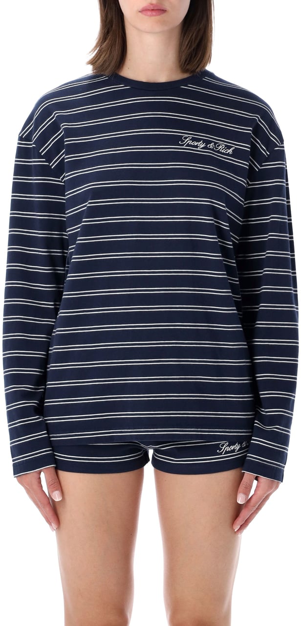 Sporty & Rich Signature Ls Tee Stripe Dark Navy White Navy
