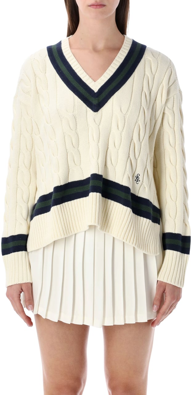 Sporty & Rich Sporty & Rich cotton cableknit V-neck sweater Neutraal