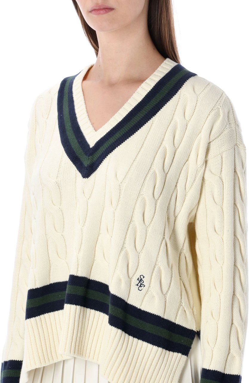 Sporty & Rich Sporty & Rich cotton cableknit V-neck sweater Neutraal