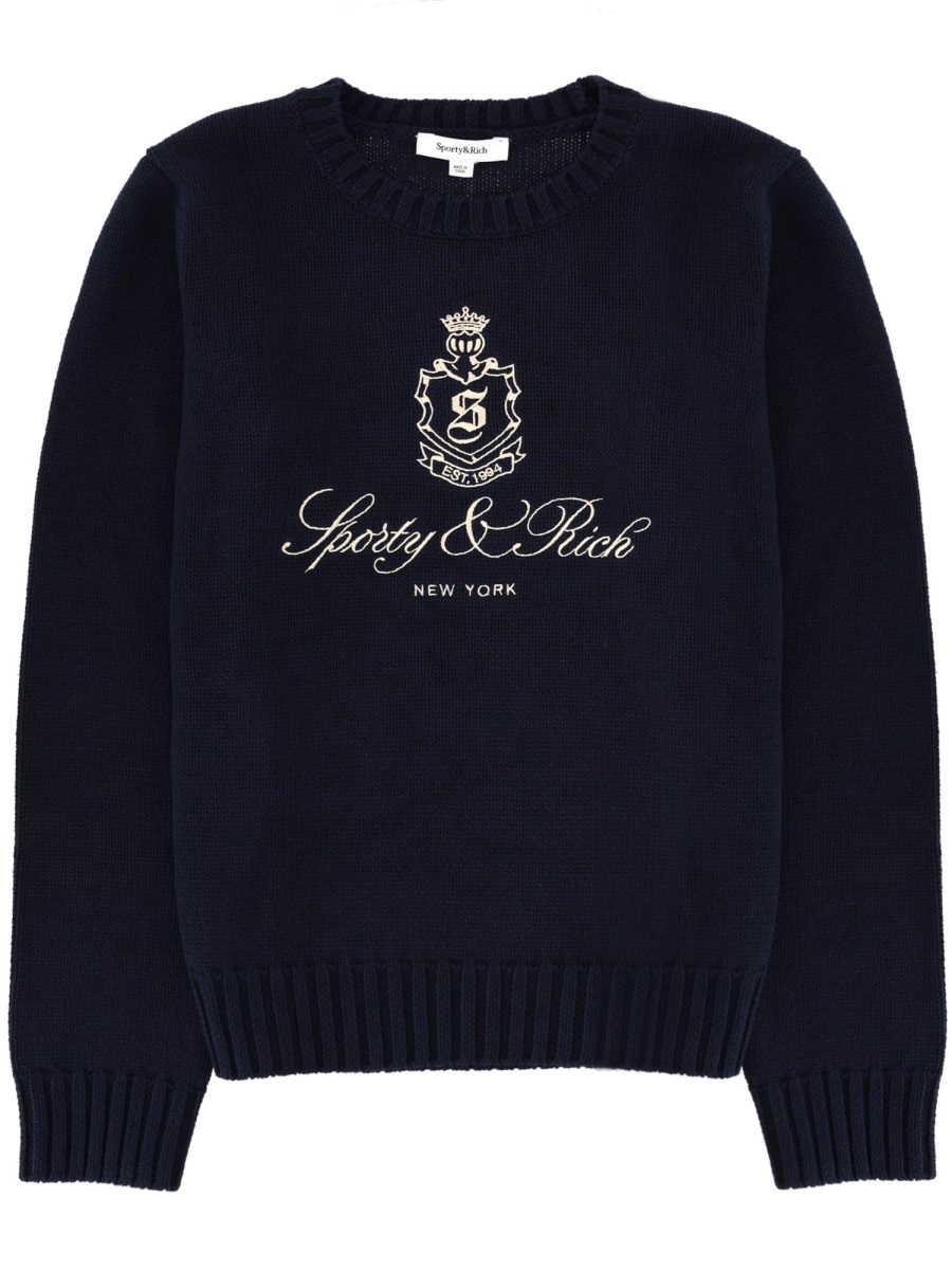 Sporty & Rich Logo Ribbed Cotton Crewneck Jersey Zwart