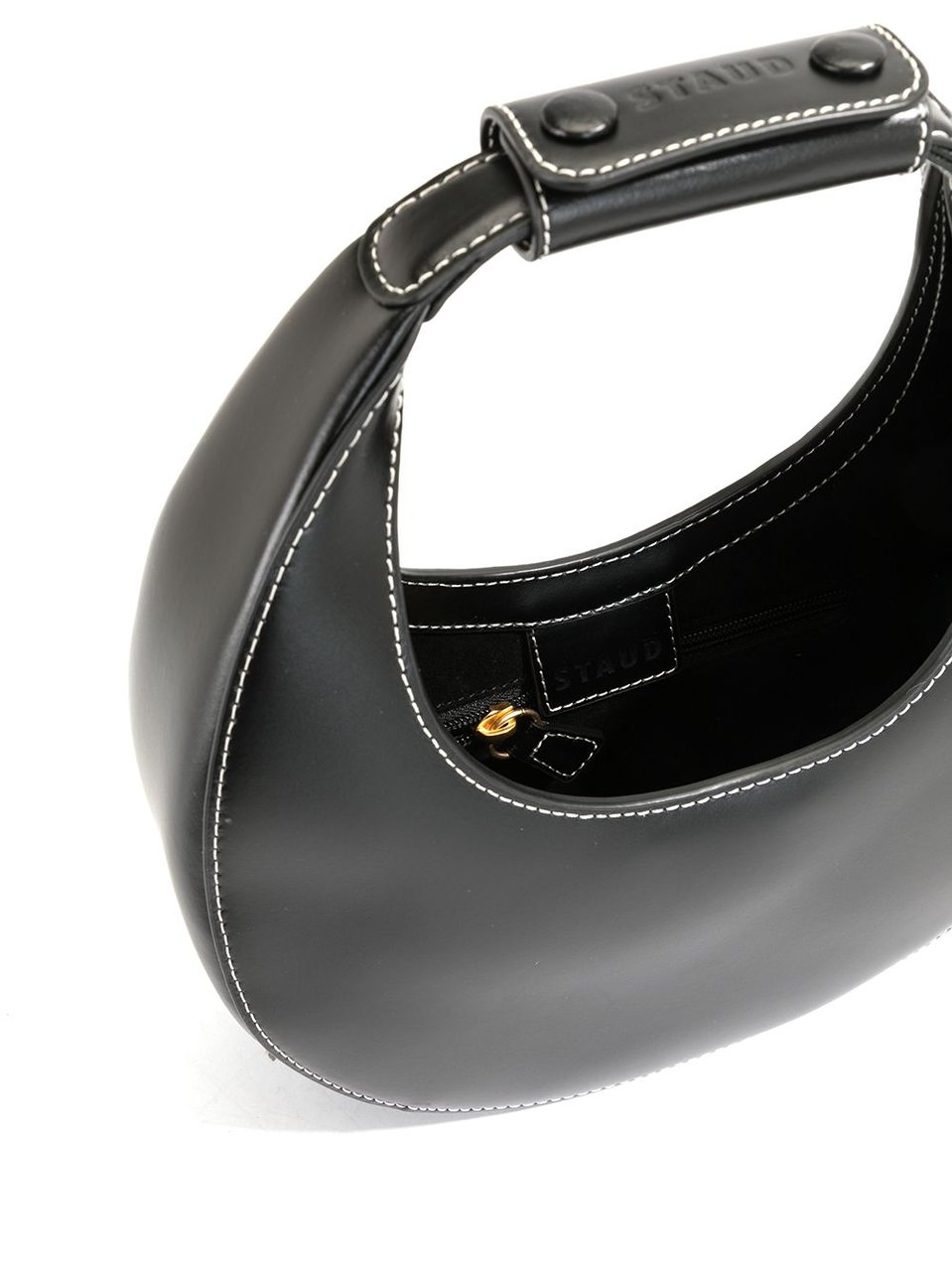 Staud Crescent Moon Shoulder Bag with Gold Hardware and Contrasting Stitching Zwart