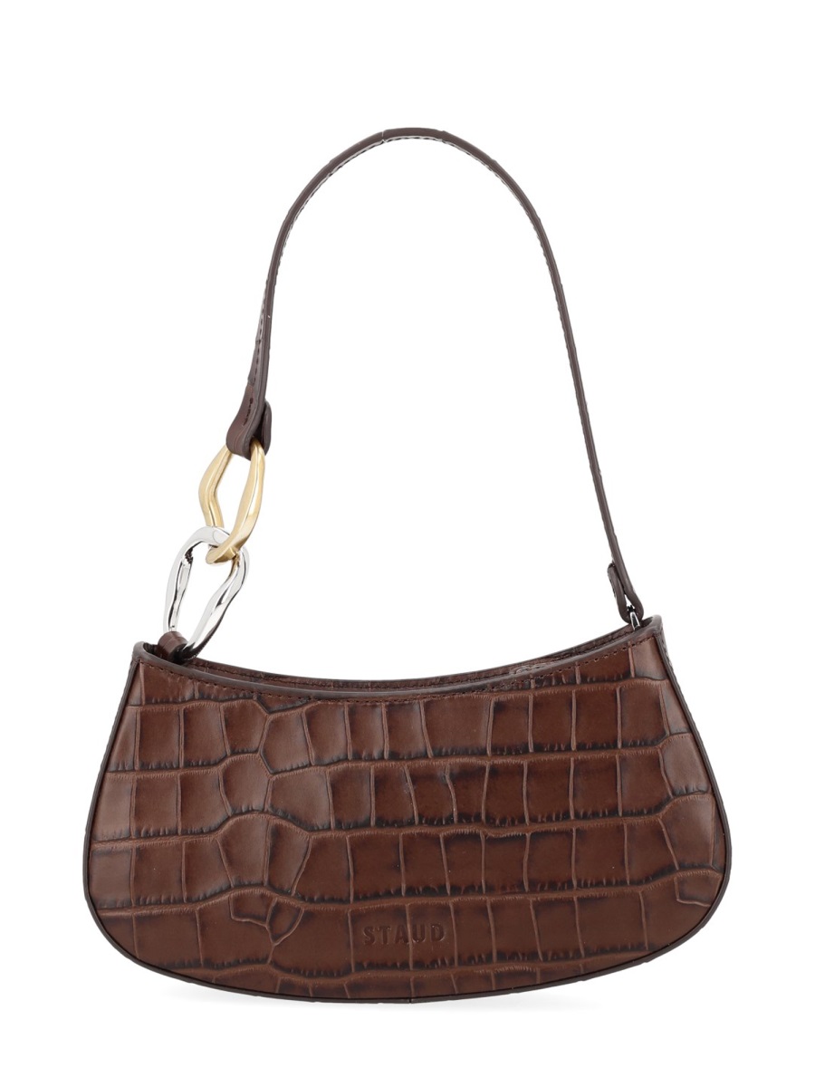 Staud Ollie Crocodile-Embossed Interlocking Rings Handbag Grijs