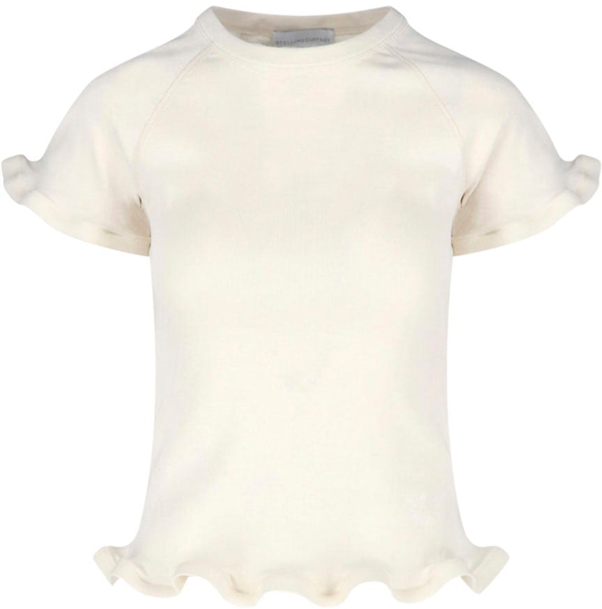 Stella McCartney Cream Ruffled Hem Cotton Jersey T-Shirt Neutraal