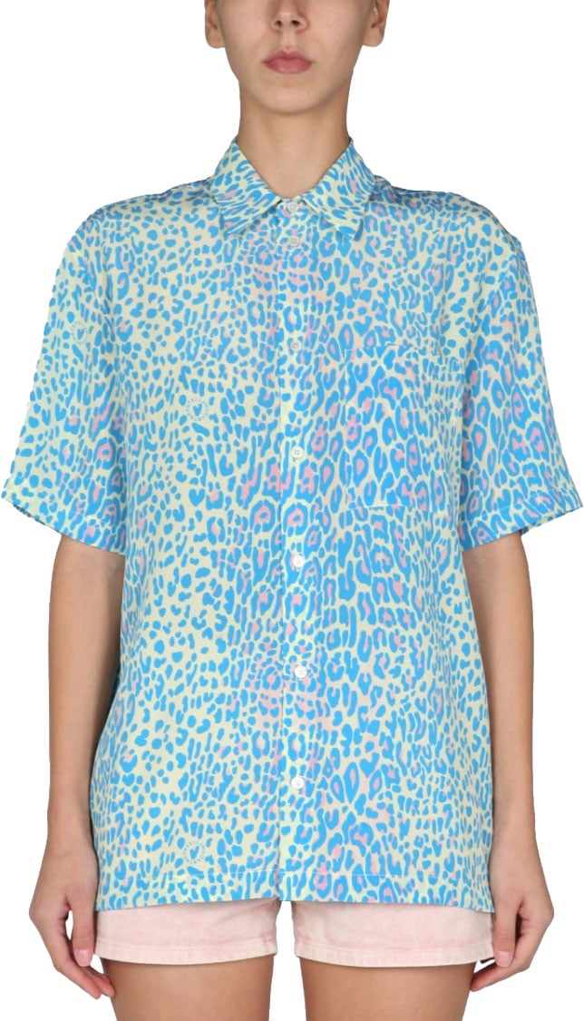 Stella McCartney Short-Sleeved Silk Top With Pointed Collar Blauw