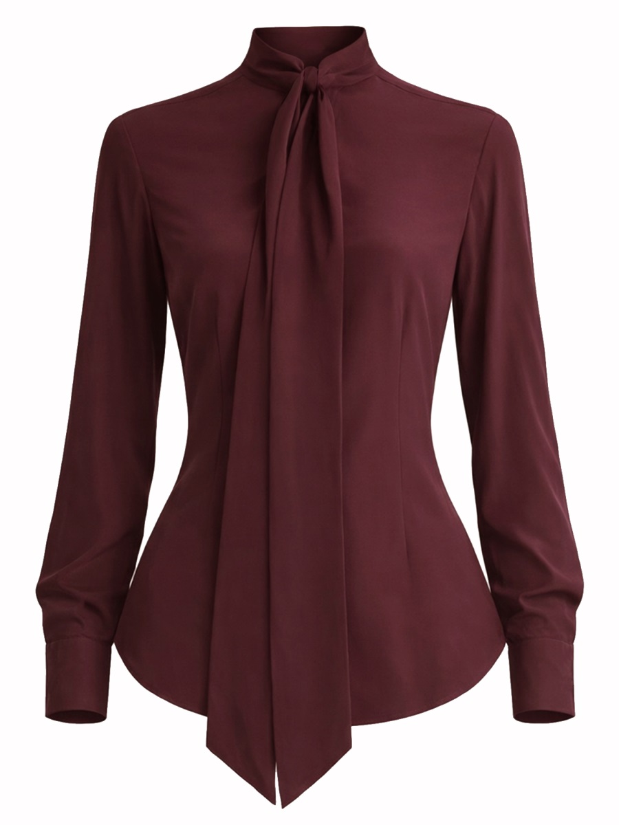 Stella McCartney Burgundy Silk Tie-Neck Fitted Blouse Zwart