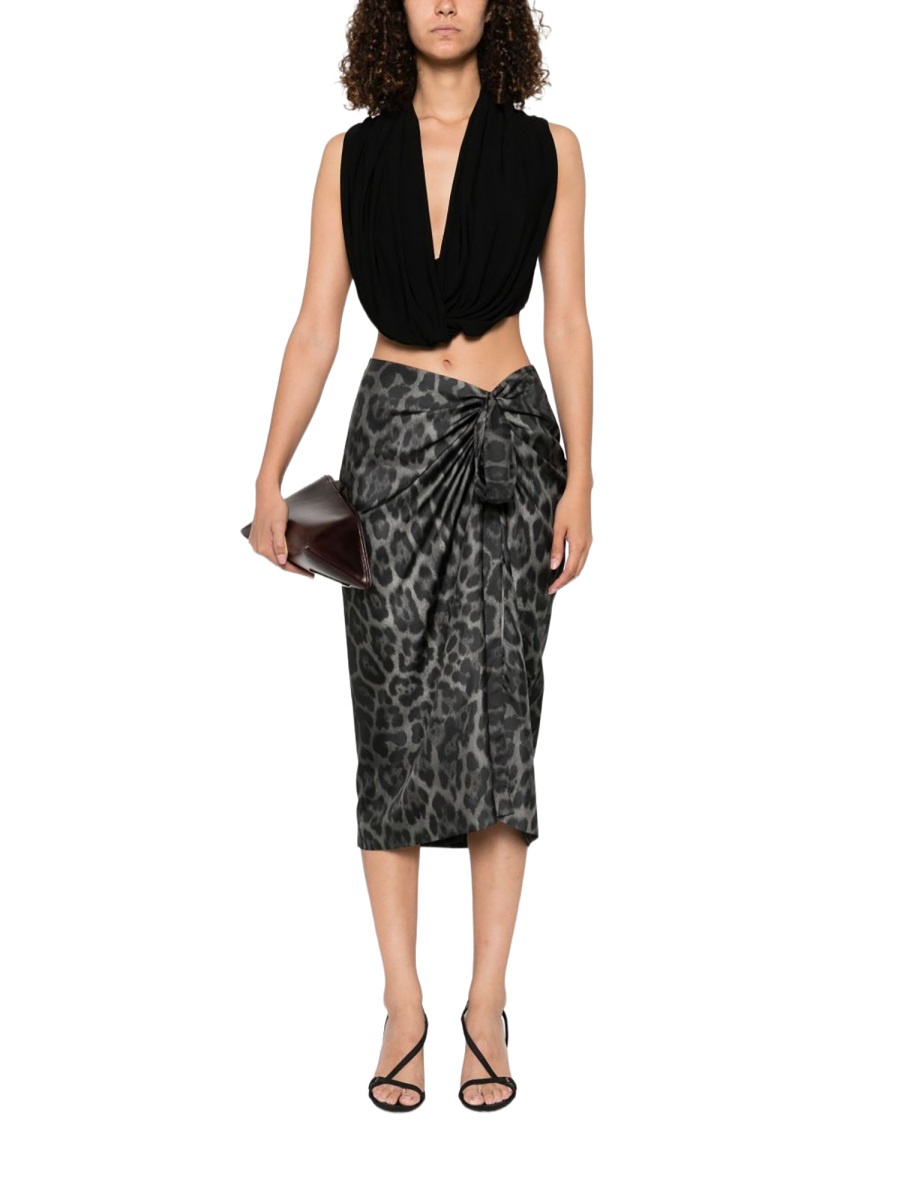 Stella McCartney Leopard Silk Gathered Draped Midi Skirt Zwart