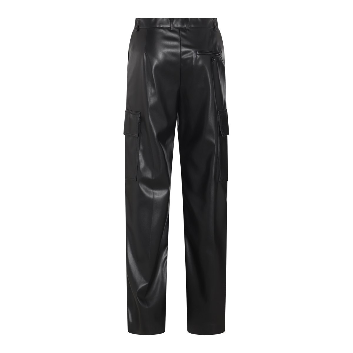 Stella McCartney Straight Leg Black Faux Leather Trousers With Utility Pockets Zwart