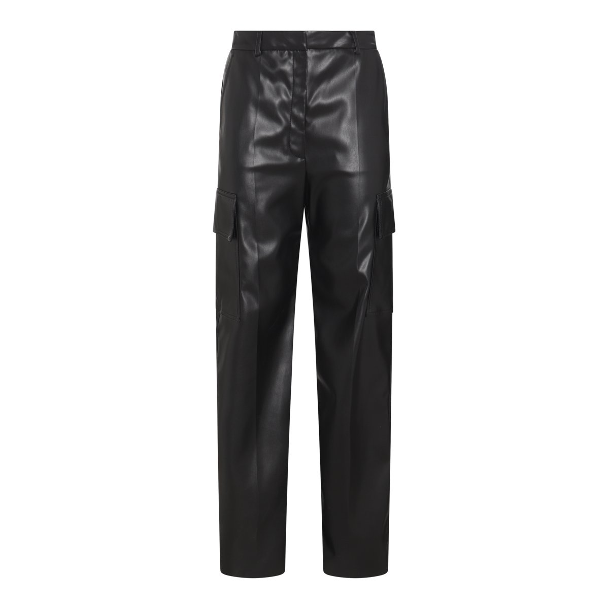 Stella McCartney Straight Leg Black Faux Leather Trousers With Utility Pockets Zwart