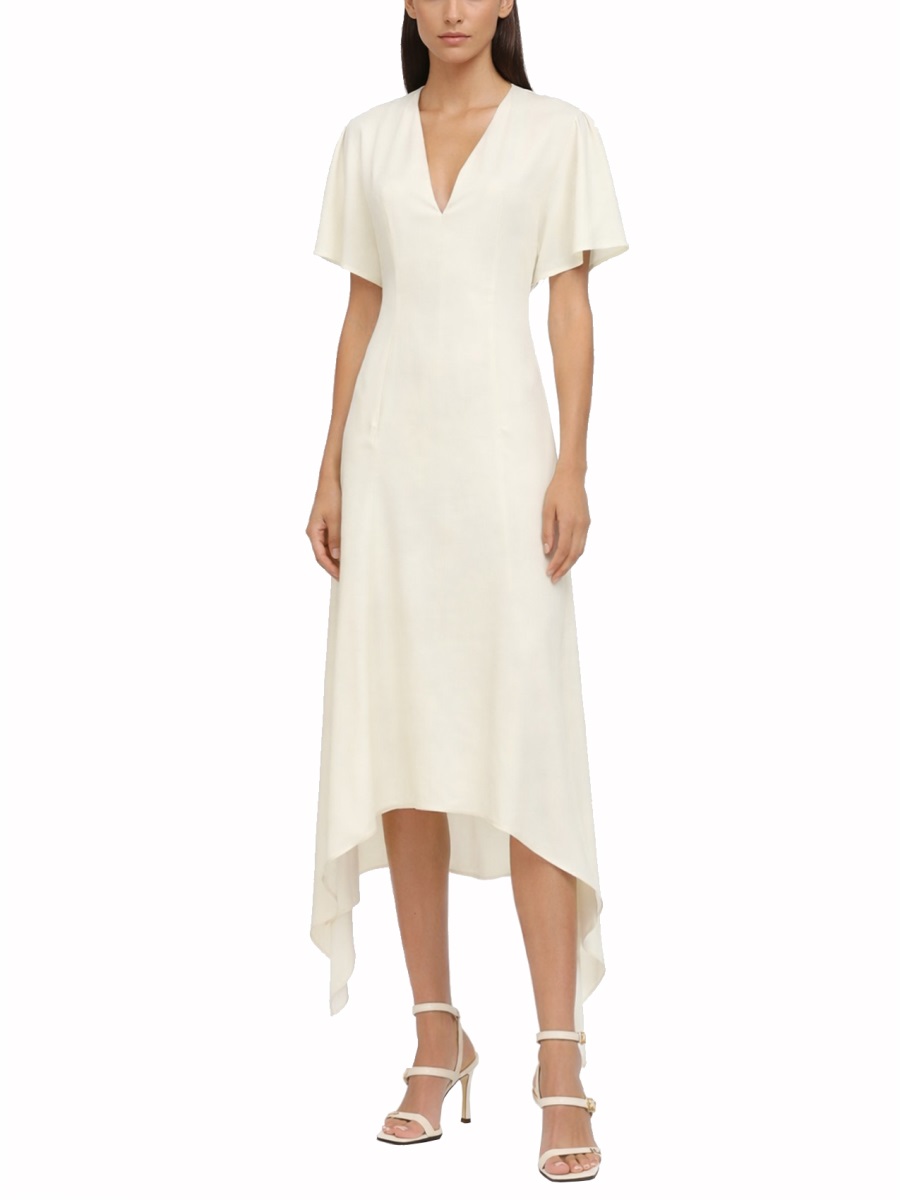 Stella McCartney Asymmetrical Viscose-Blend Flutter Sleeves Midi Dress Neutraal