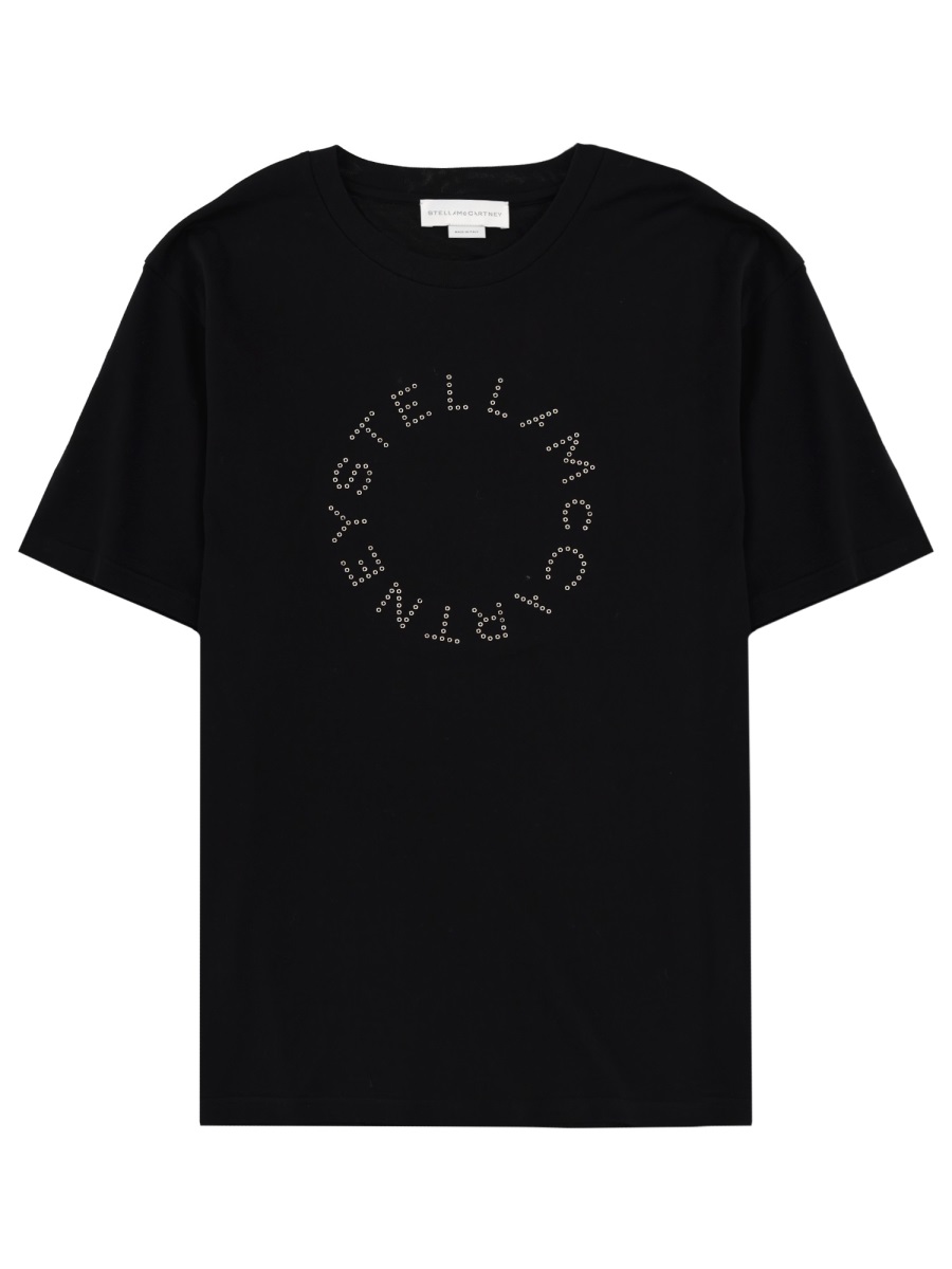 Stella McCartney White Studded Circular Logo Cotton T-Shirt Zwart