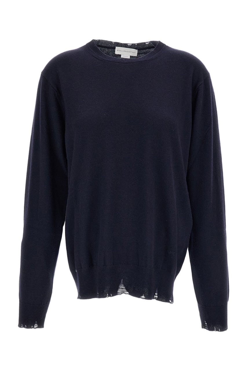 Stella McCartney Navy Blue Distressed Merino Wool Sweater Blauw