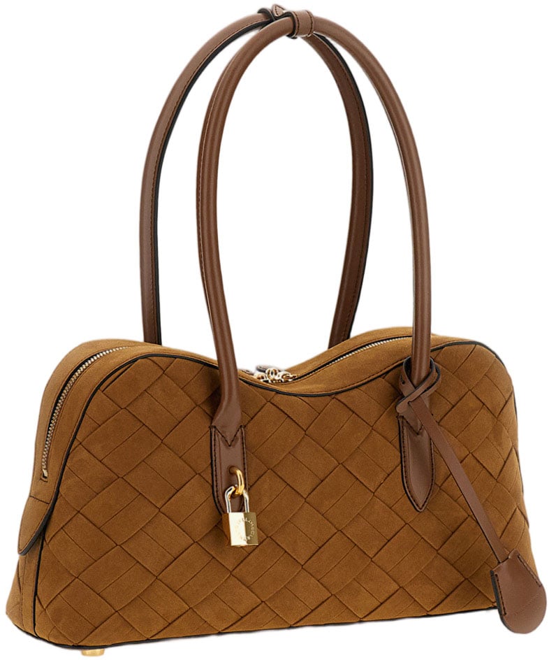 Stella McCartney Woven Suede Shoulder Bag with Brass Padlock Detail Bruin