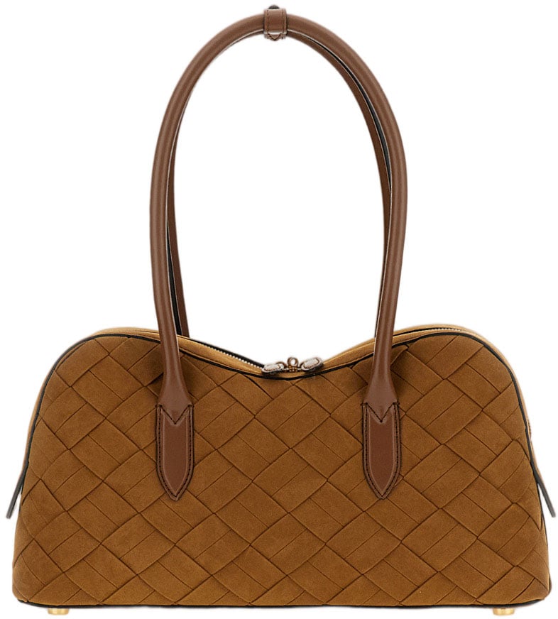 Stella McCartney Woven Suede Shoulder Bag with Brass Padlock Detail Bruin