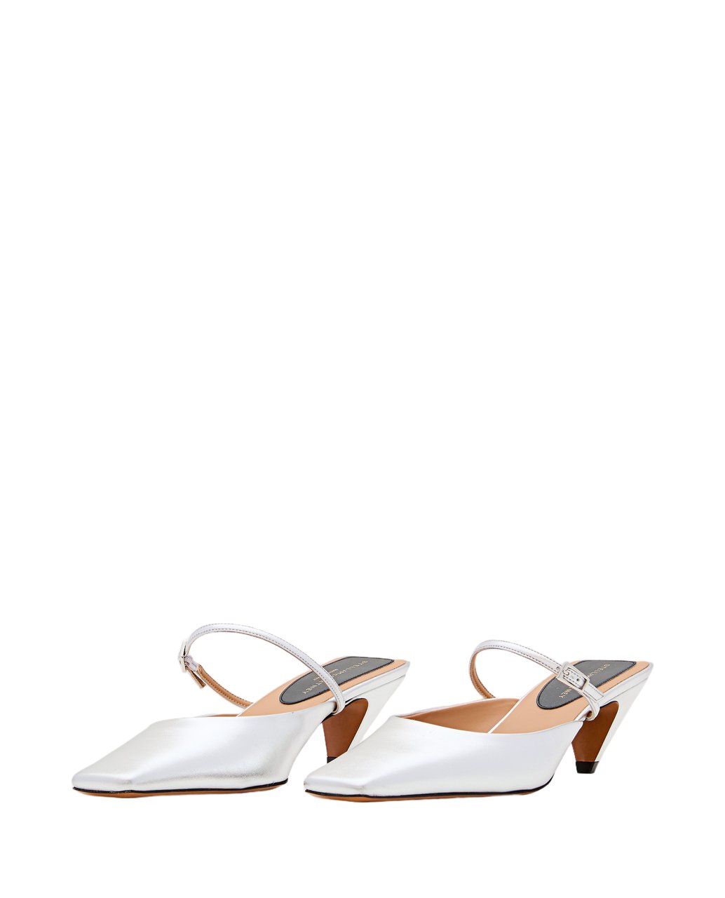 Stella McCartney Pointed Toe Mules With Metallic Finish And Unique Heel Zilver