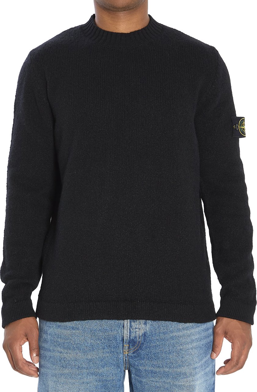 Stone Island Crew neck sweater with brushed texture. Zwart