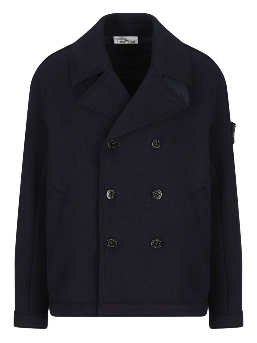 Stone Island Black Double-Breasted Virgin Wool Peacoat Zwart