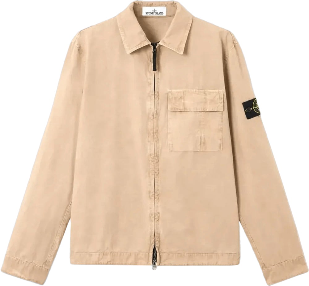 Stone Island OVERHEMDEN VAN GEBORSTELD ORGANISCH KATOENEN CANVAS MET EEN OUD EFFECT, IN DE KLEUR WOESTIJNZAND Beige