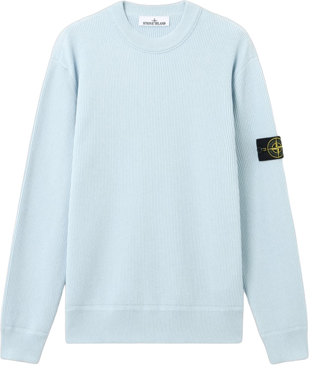 Stone Island Geribbelde, zachte biologische katoenen trui met ronde hals in hemelsblauw. Lichtblauw