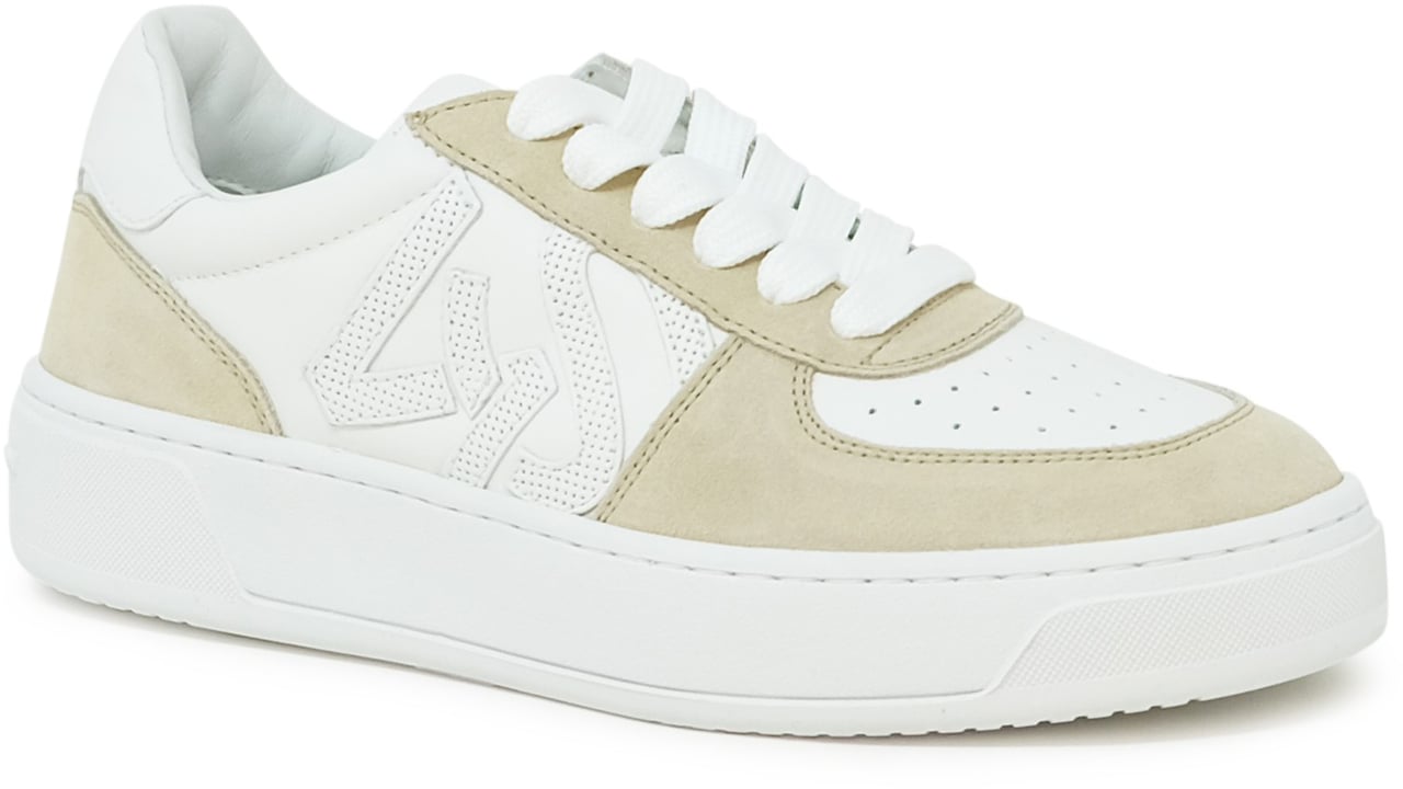 Stuart Weitzman STUART WEITZMAN SH308 WHITE AND BEIGE CALF LEATHER COURTSIDE MONOGRAM SNEAKER Wit