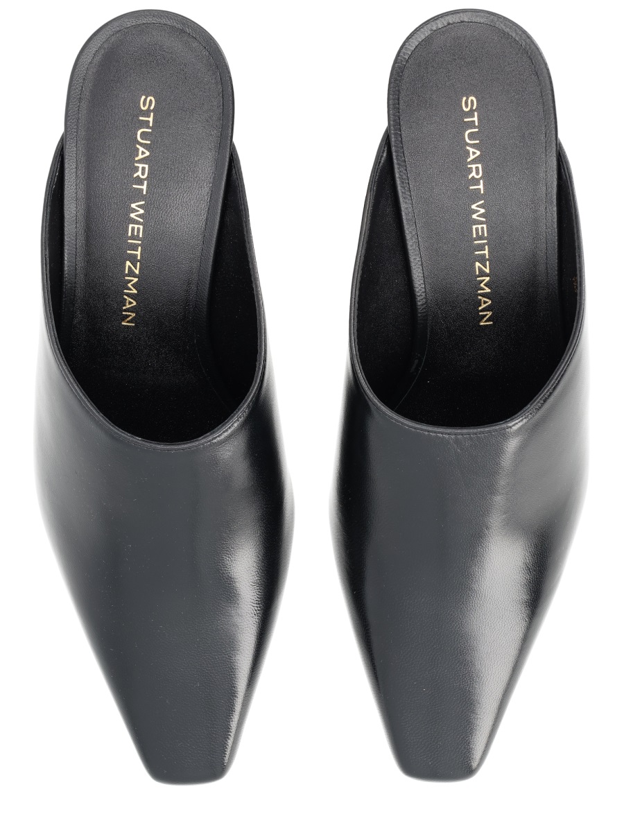 Stuart Weitzman Black Pointed Toe Curved Upper Mules Zwart