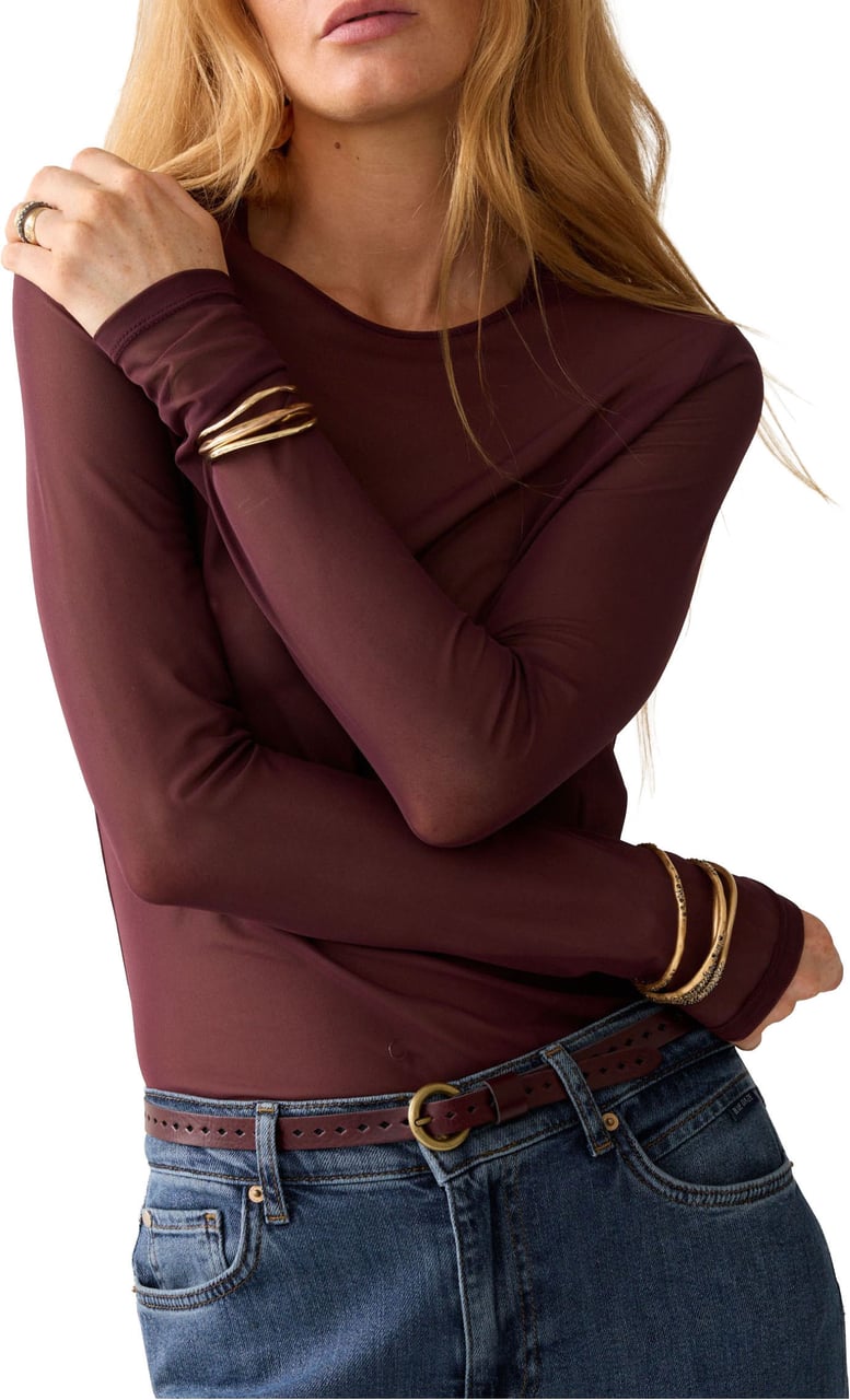 Summum Round Neck Top Long Sleeve Mesh Solid Longsleeves Bordeaux 3s5394-30180 Rood