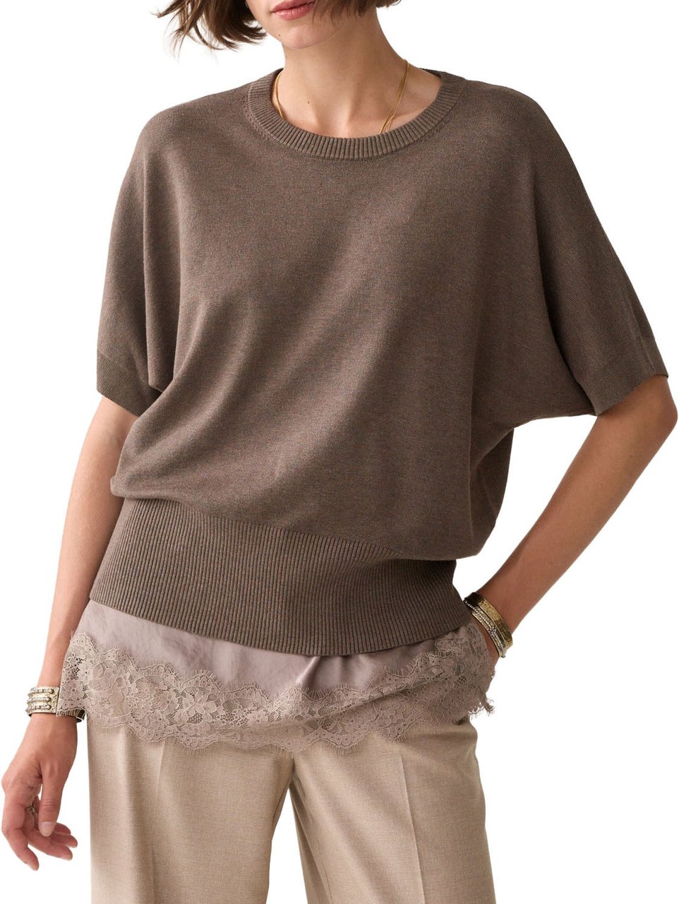 Summum Short Sleeve Sweater Soft Viscose Polyamide Knit Sweaters Taupe 7s8025-7980 Taupe
