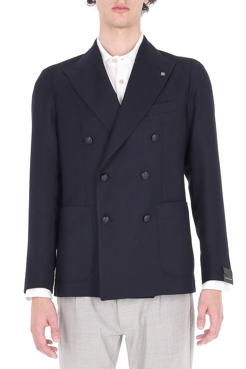 Tagliatore Montecarlo Herringbone Virgin Wool Double-Breasted Blazer Zwart
