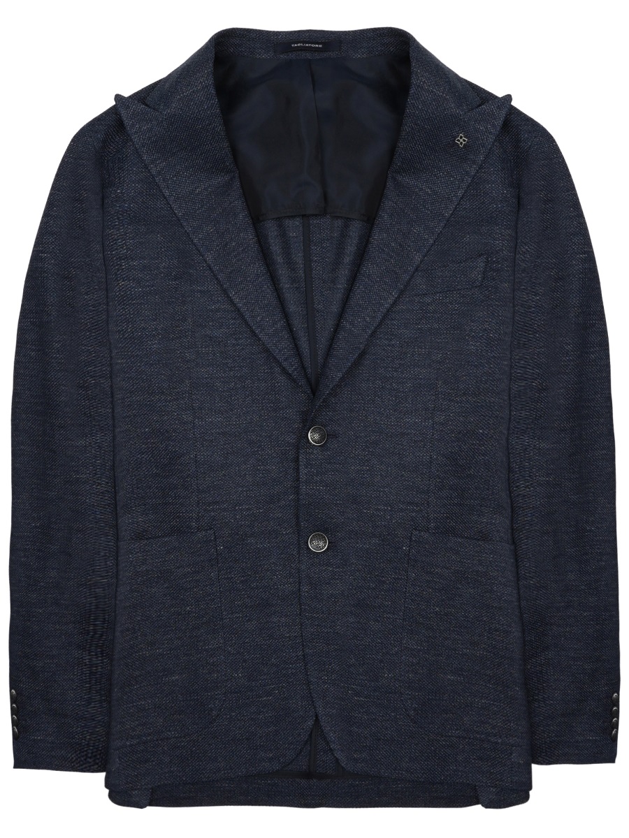 Tagliatore Tailored Blue Jacket with Textured Linen-Cotton Blend Zwart