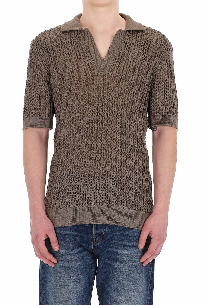 Tagliatore Open Collar Knitted Cotton Polo Grijs