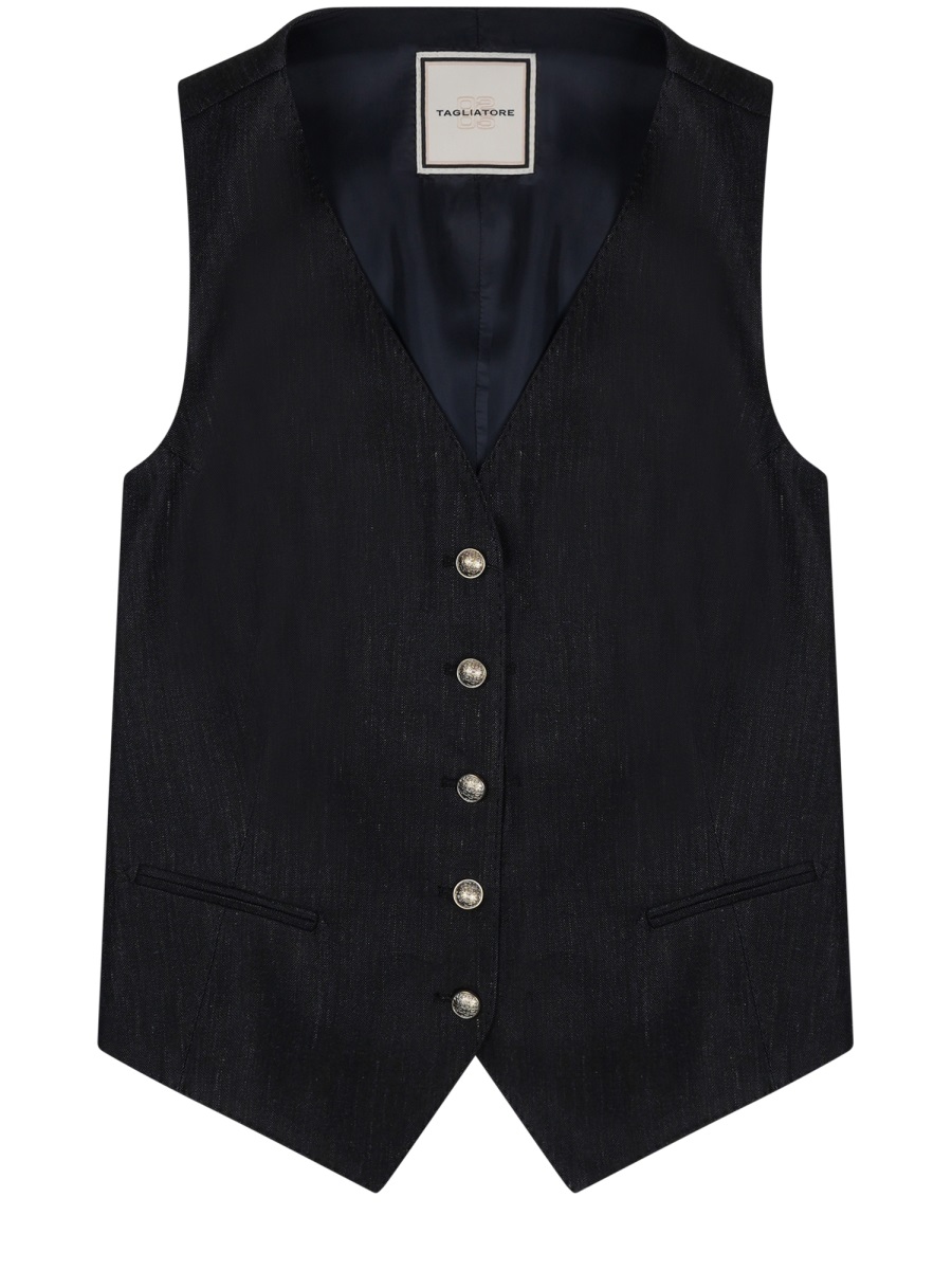 Tagliatore Linen Deep V-Neck Vest Zwart