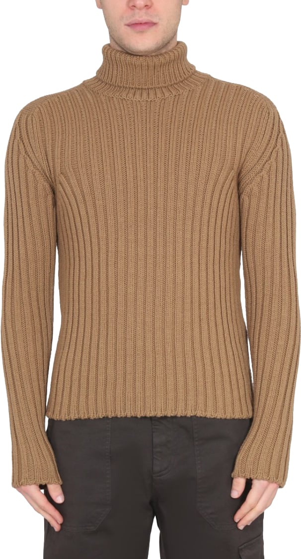 Ten C Brown Ribbed Turtleneck Sweater Neutraal