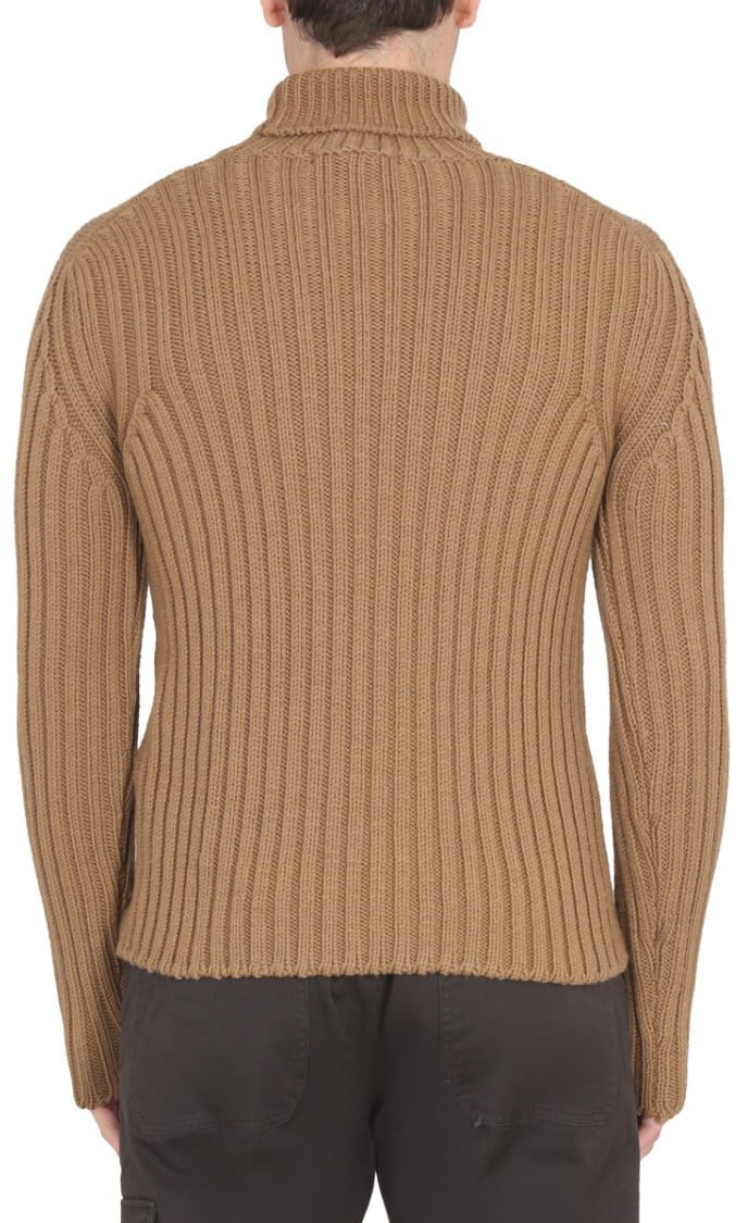 Ten C Brown Ribbed Turtleneck Sweater Neutraal